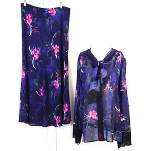 Vintage 90s Y2K Floral Maxi Skirt Set Outfit Pussybow Blouse Tie Large Fairycore